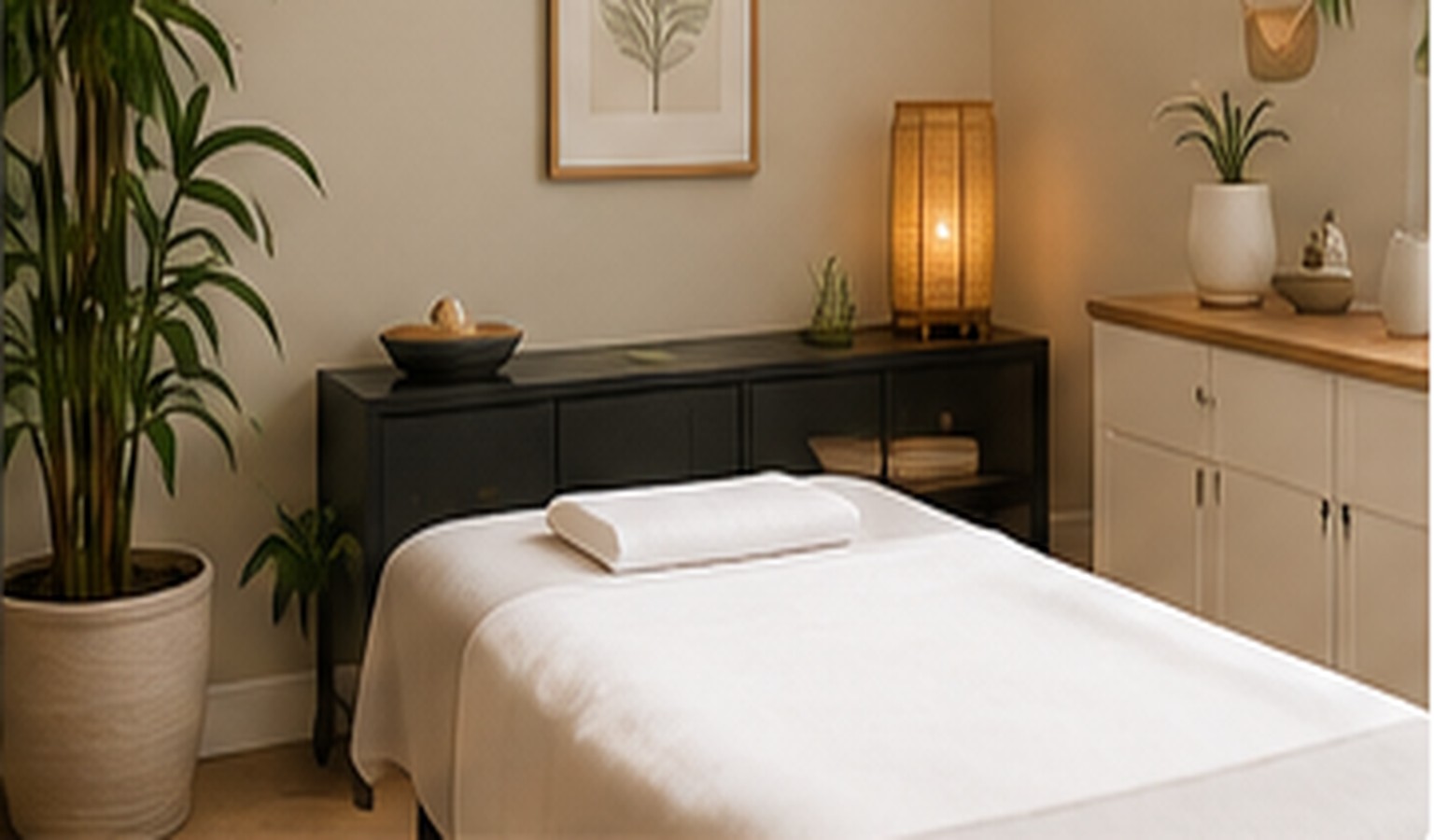 Warm modern acupuncture treatment room